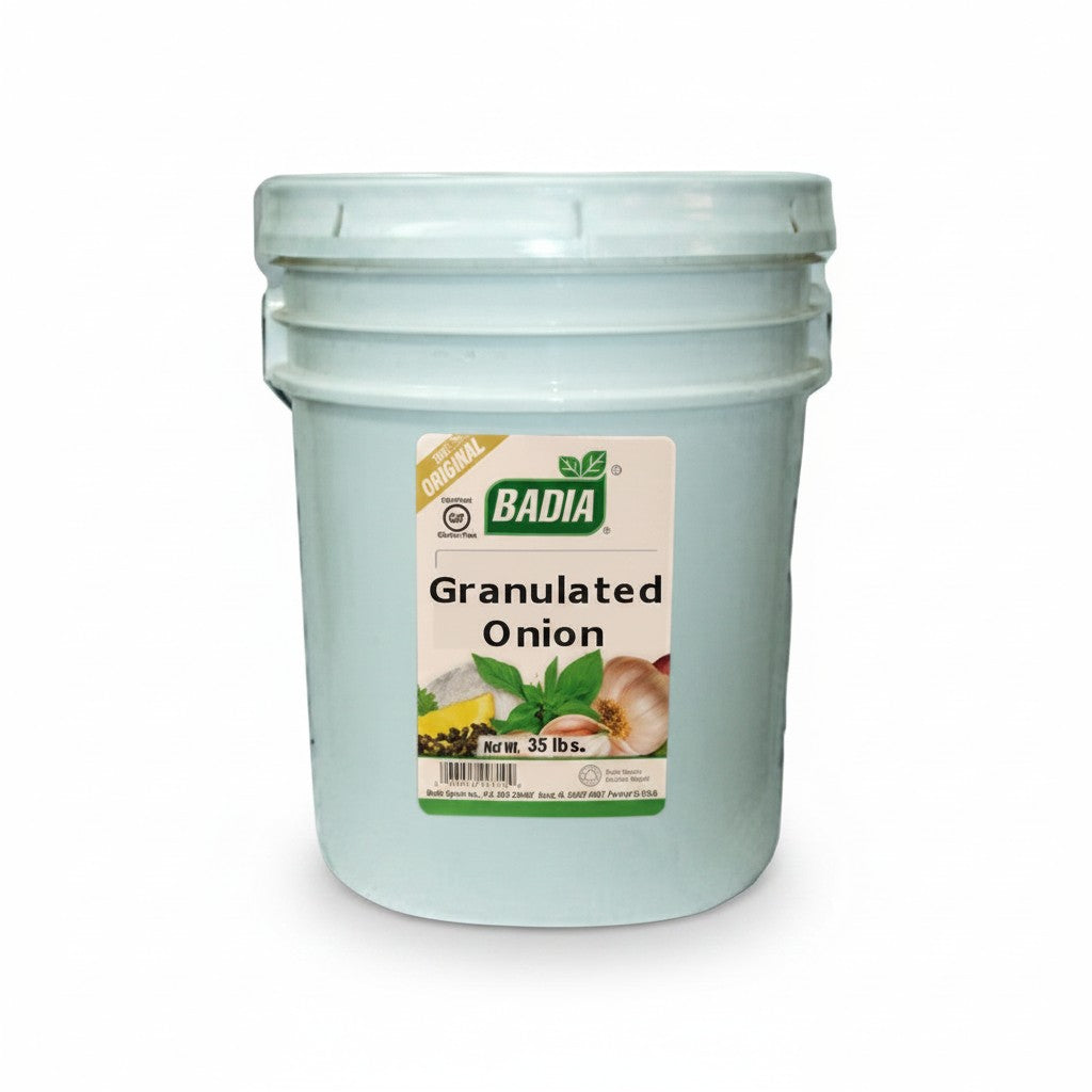 Bodega Badia Granulated Onion Spice, 20 lb foodservice pail. Uniform, free-flowing granulated cut for rubs, brines, and seasoning blends.