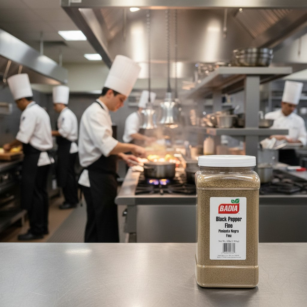Bodega Badia fine ground black pepper spice in a 4 lb clear plastic jug with a white lid.