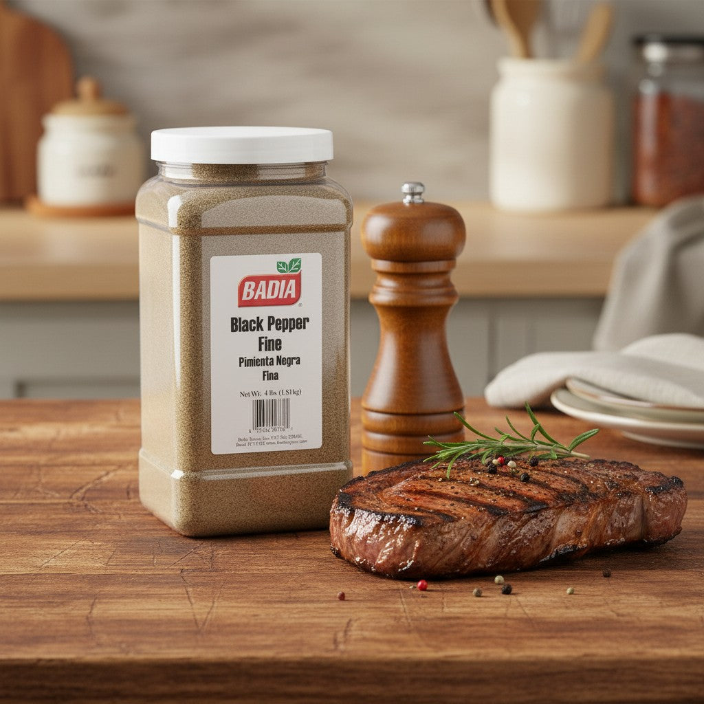 Bodega Badia fine ground black pepper spice in a 4 lb jug. Ideal for restaurant kitchens.
