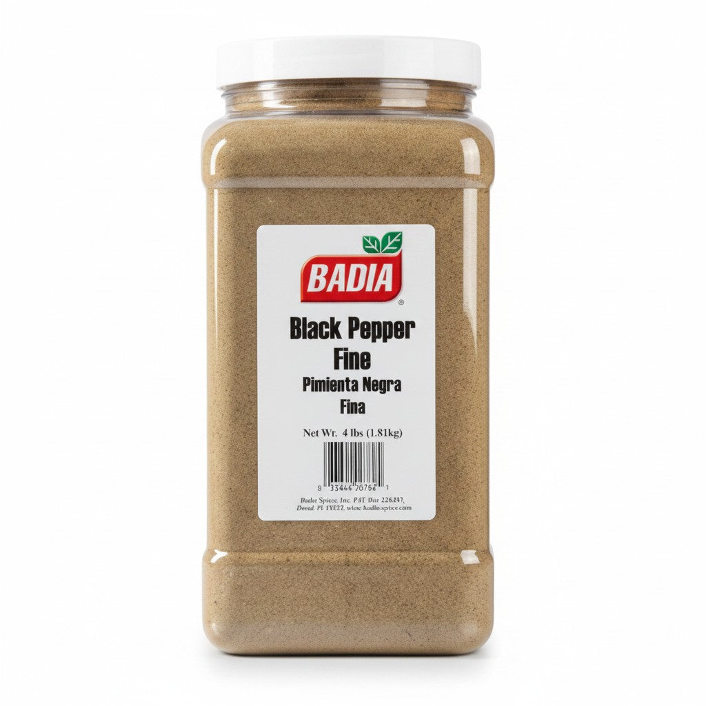 Bodega Badia 4 lb jug of fine ground black pepper spice. Ideal for restaurants and bulk cooking.