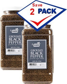 Bodega Badia ground black pepper spice in two 3.5 lb jugs, standard grind for versatile cooking.