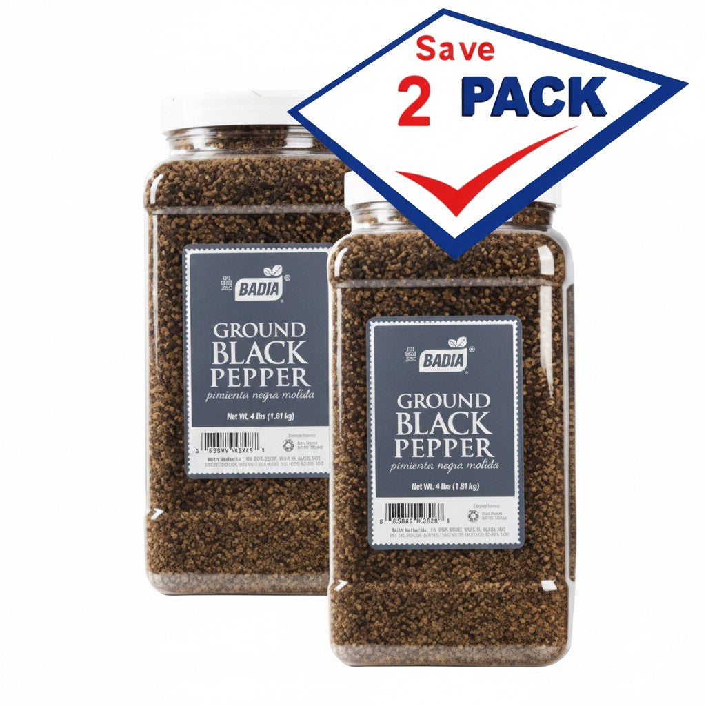 Bodega Badia ground black pepper spice in two 3.5 lb jugs, standard grind for versatile culinary use.