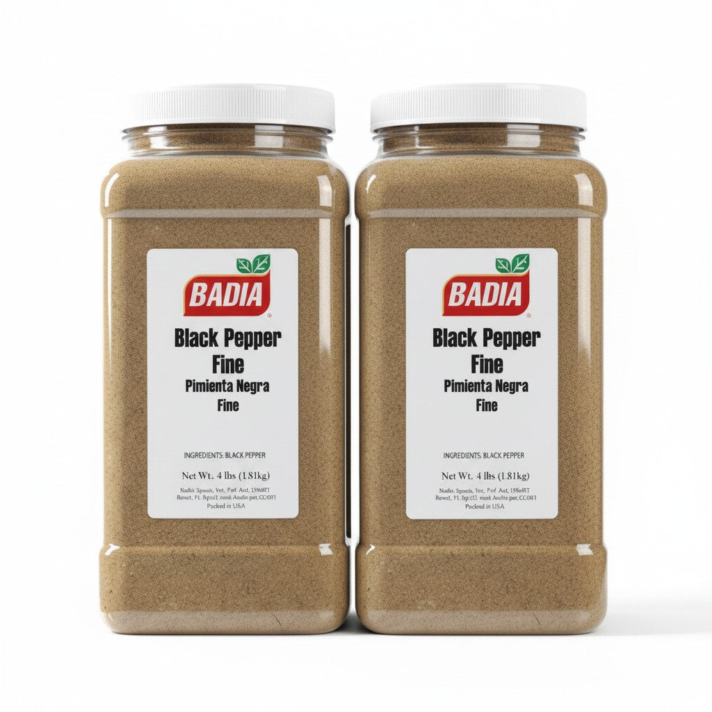 Bodega Badia fine ground black pepper spice, 4 lb jugs, 2 pack. Ideal for restaurants and bulk cooking.