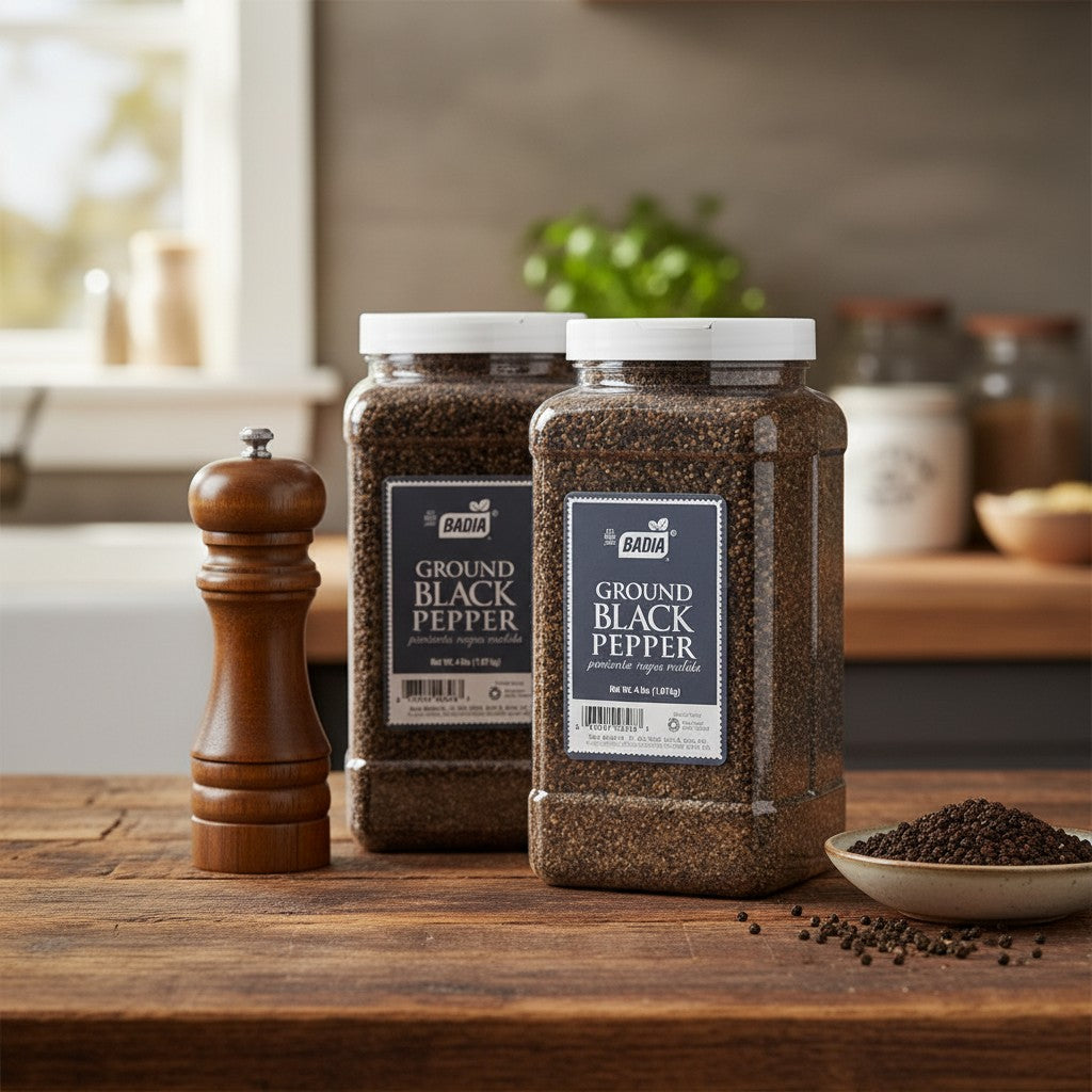 Bodega Badia ground black pepper spice, 3.5 lb jugs, standard grind for versatile use in cooking and finishing.