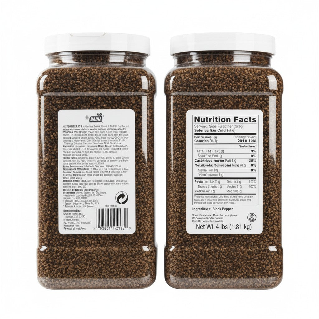 Bodega Badia ground black pepper spice in two 3.5 lb jugs. Standard grind for versatile use.