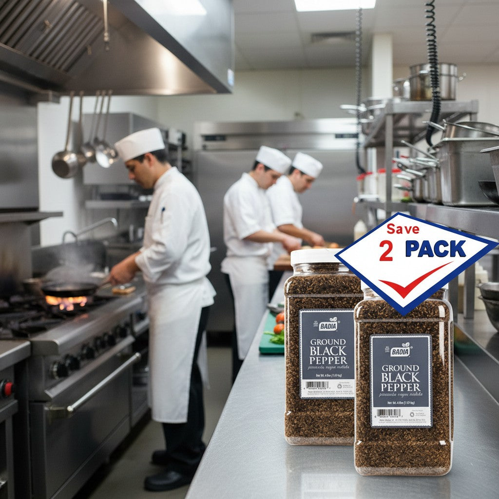 Bodega Badia ground black pepper spice in two 3.5 lb jugs. Standard grind for versatile use.