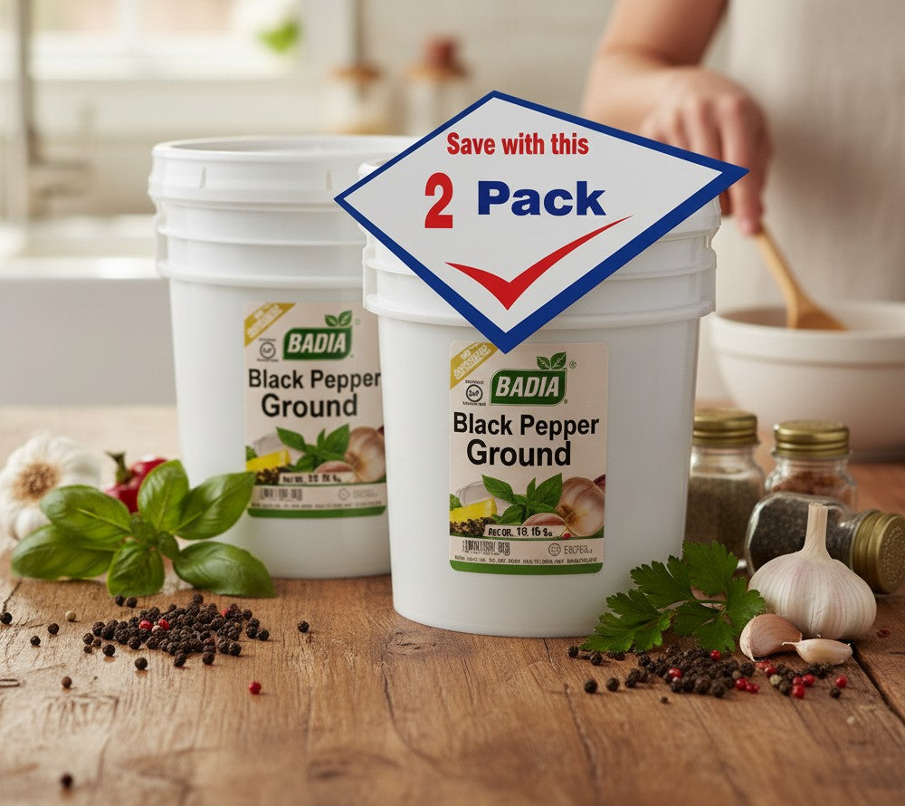 Bodega Badia Black Pepper Ground Spice, 20 lb containers, 2 pack. Ideal for restaurants and bulk cooking.