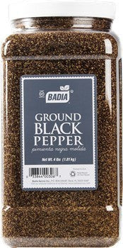 Bodega Badia Ground Black Pepper spice in a clear plastic jug, 3.5 lb size.