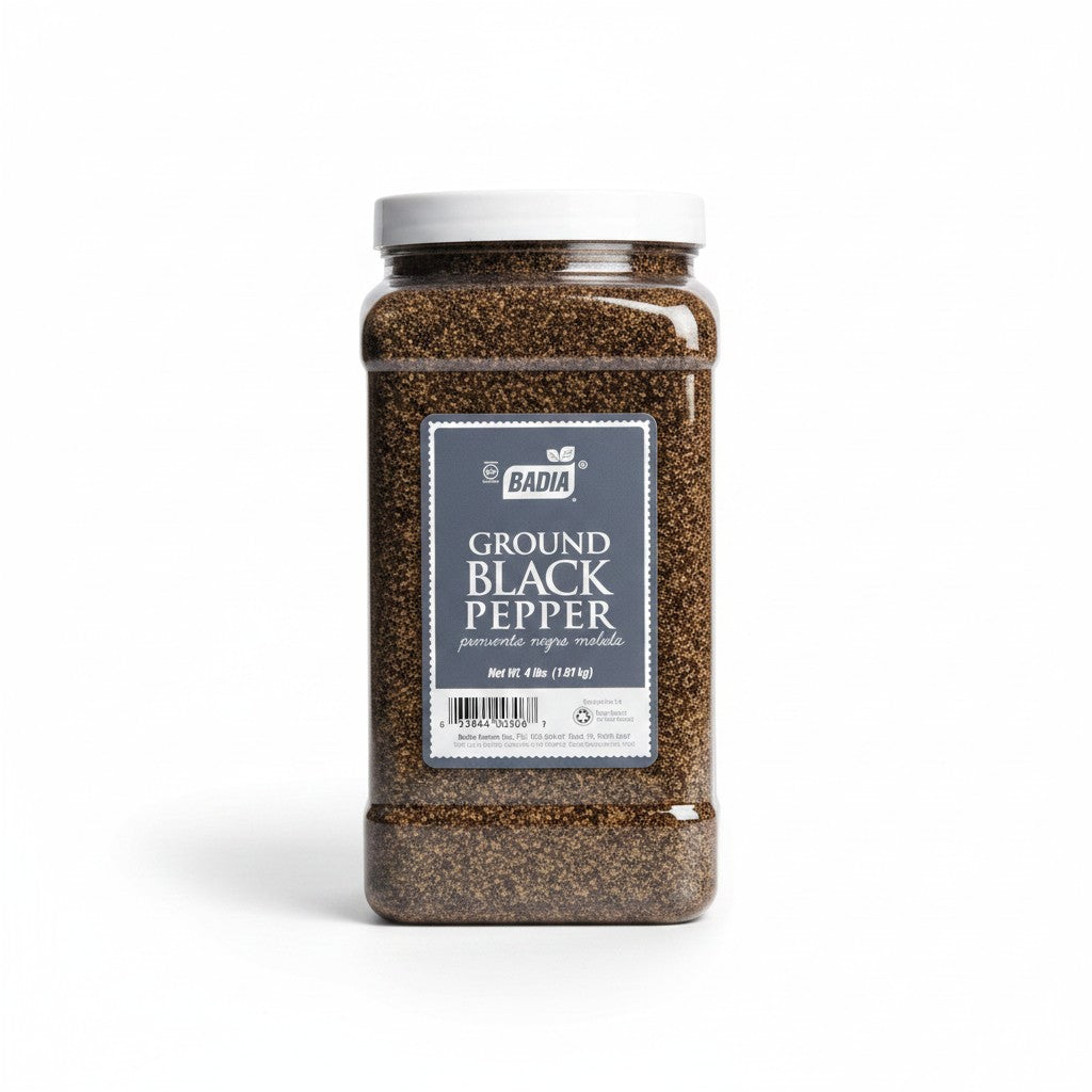 Bodega Badia Ground Black Pepper spice in a clear plastic jug with a white lid. 3.5 lb.