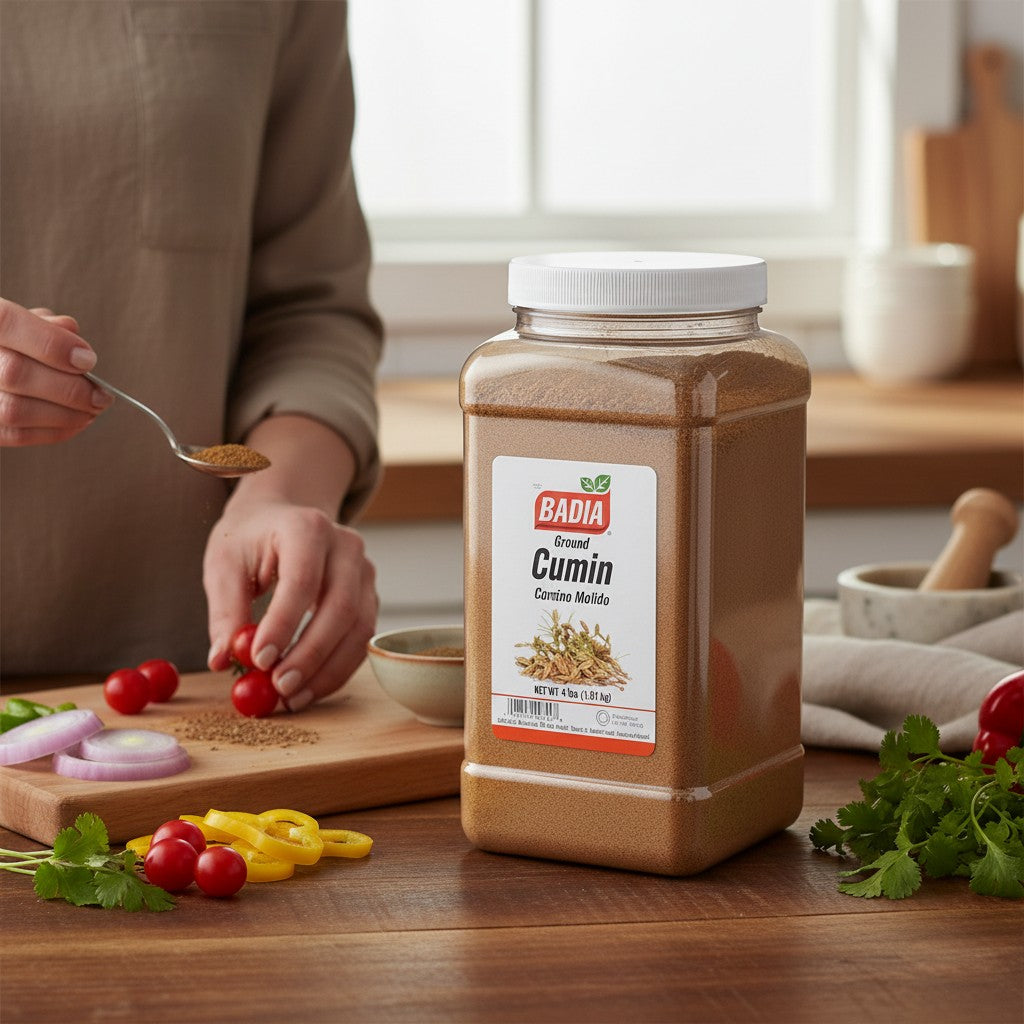 Bodega Badia ground cumin spice in a 4 lb clear plastic jug with a white lid. The label features the Badia logo and text indicating "Ground Cumin".