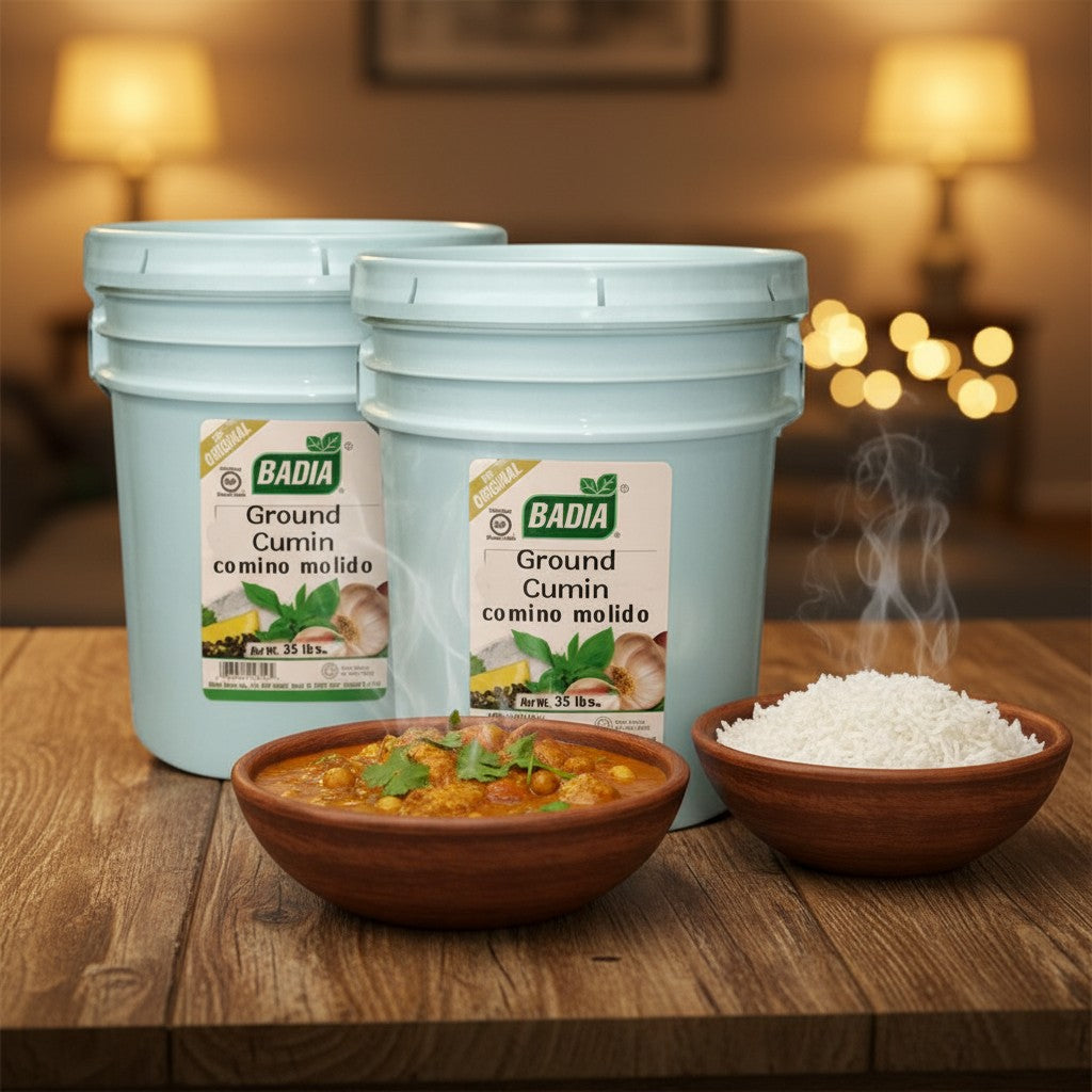 Bodega Badia Ground Cumin Spice in 20 lb containers, 2-pack. Warm, earthy spice for cooking.