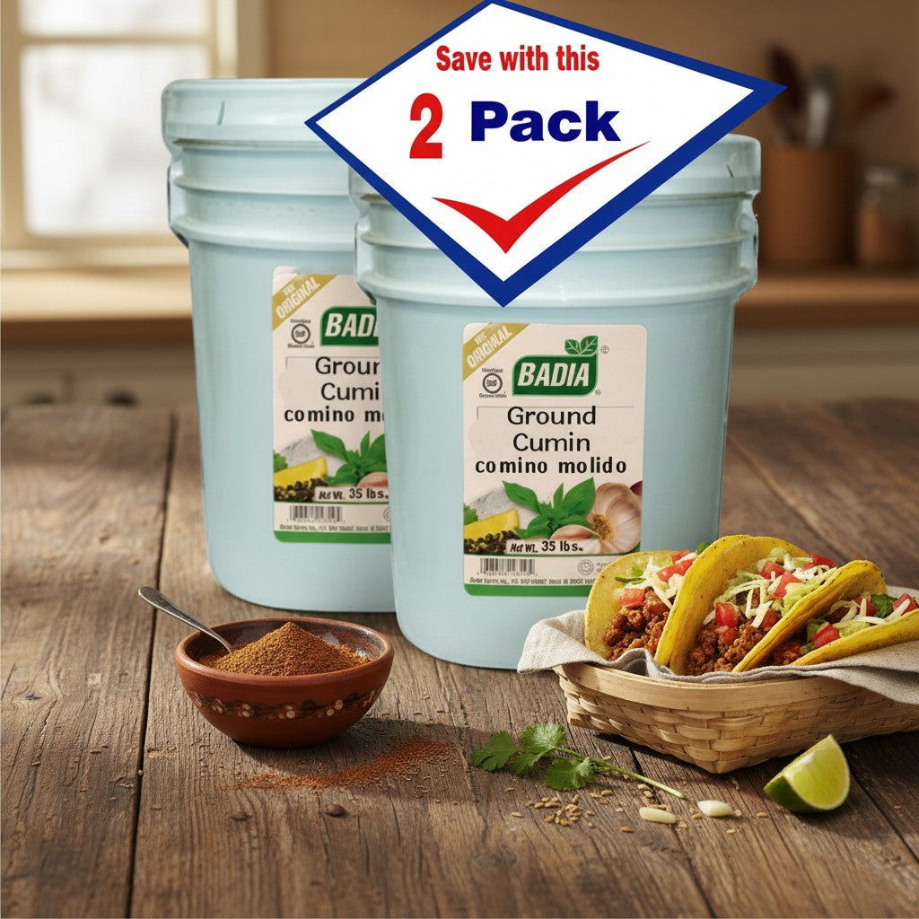 Bodega Badia Ground Cumin Spice in 20 lb containers, 2-pack. Bulk spice for commercial kitchens.