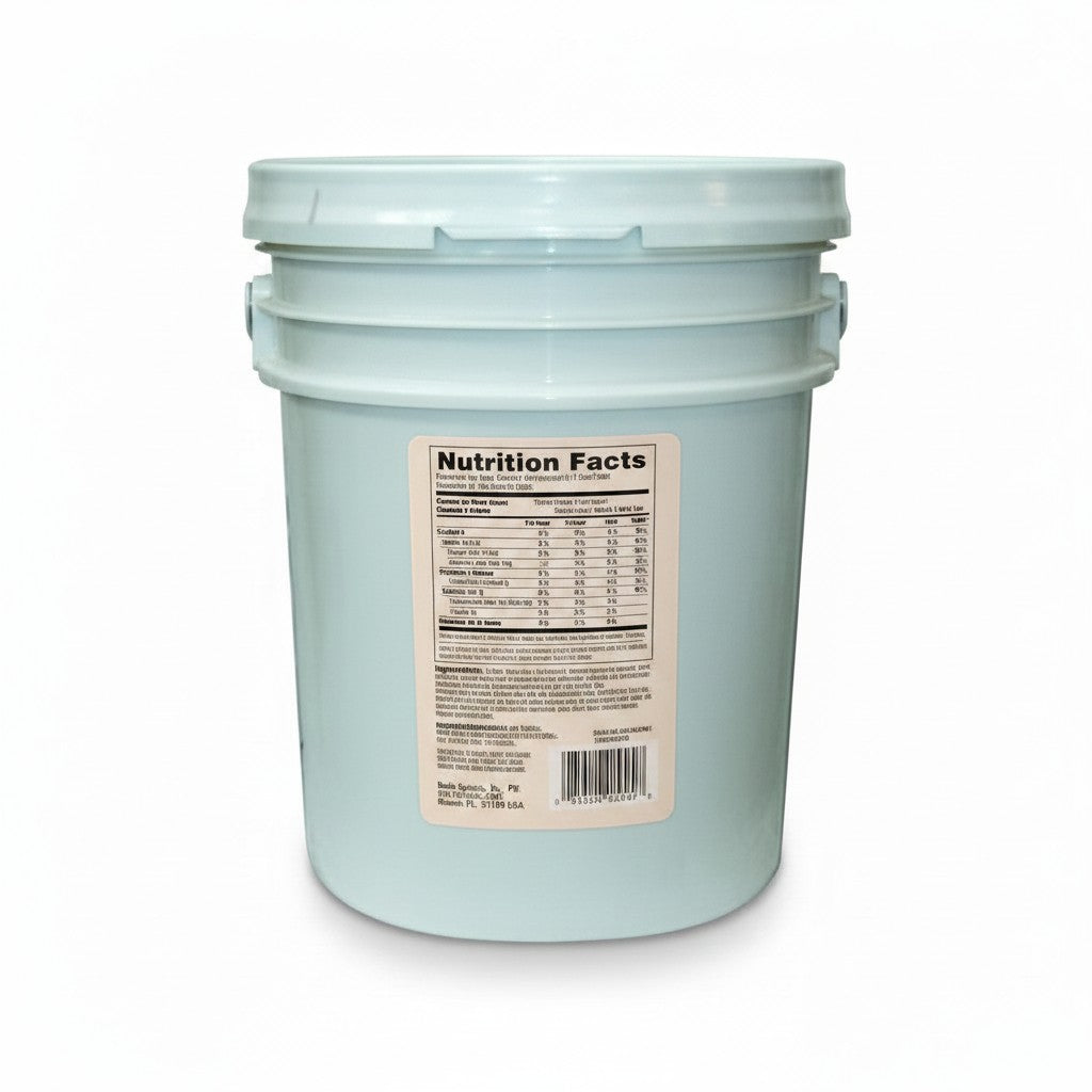 Bodega Badia Ground Cumin spice in a 35 lb pale blue bucket with a label showing cumin seeds, garlic, and herbs.