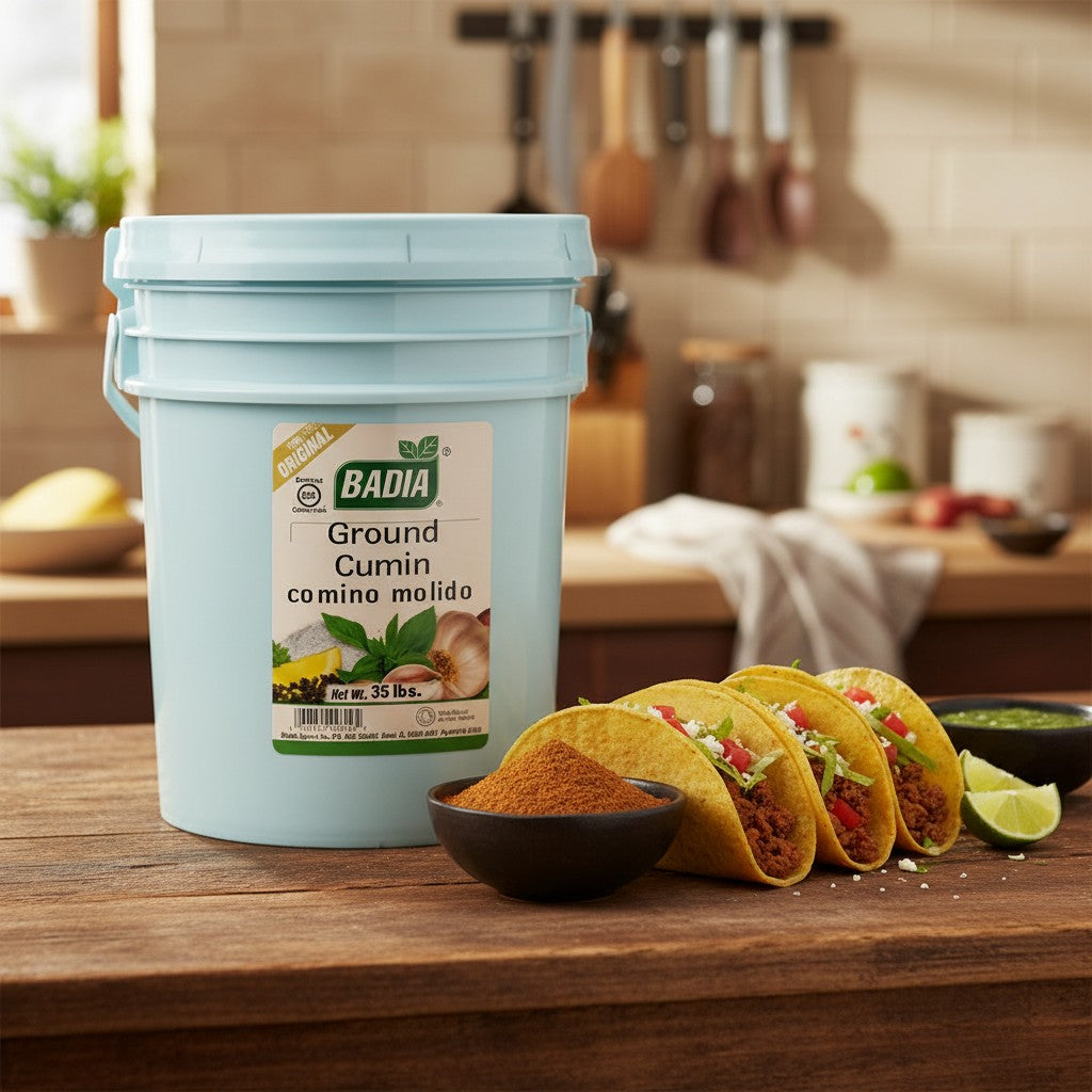 Bodega Badia Ground Cumin spice in a large 35 lb pale blue plastic bucket with a label showing cumin seeds, garlic, and herbs.