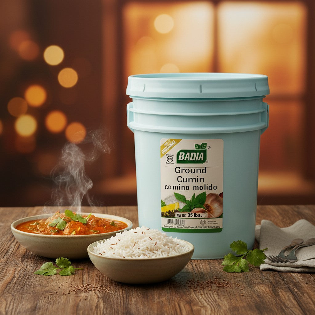 Bodega Badia Ground Cumin spice in a large 35 lb pale blue plastic tub with a label showing cumin seeds, garlic, and herbs.