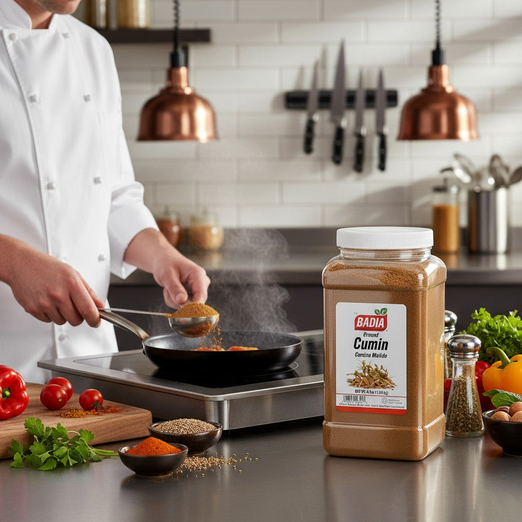 Bodega Badia Ground Cumin spice in a clear plastic jug with a white lid. Net Wt. 4 lbs.
