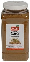 Bodega Badia Ground Cumin Spice in a 4 lb clear plastic jug with a white lid. The label features the Badia logo and text.