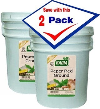 Bodega Badia 20 lb Ground Red Pepper Spice Jugs, Pack of 2. Bulk cayenne-style chile for hot sauces, rubs, and seasonings.