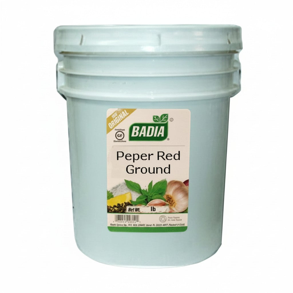 Bodega Badia Ground Red Pepper spice in a 20 lb white jug, cayenne-style for direct heat.