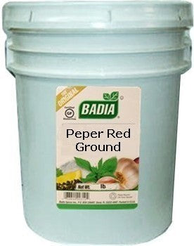 Bodega Badia 20 lb jug of ground red pepper spice for kitchens needing direct heat in hot sauces, rubs, and breading.