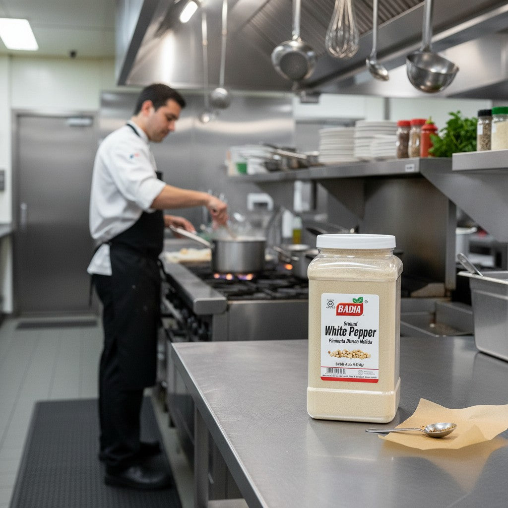 Bodega Badia Ground White Pepper spice in a 4 lb plastic jar. Ideal for sauces and stir-fries.