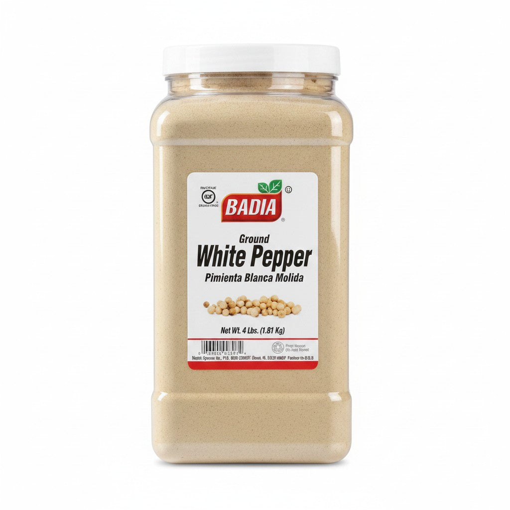 Bodega Badia Ground White Pepper spice in a 4 lb clear plastic container. Ideal for sauces and stir-fries.