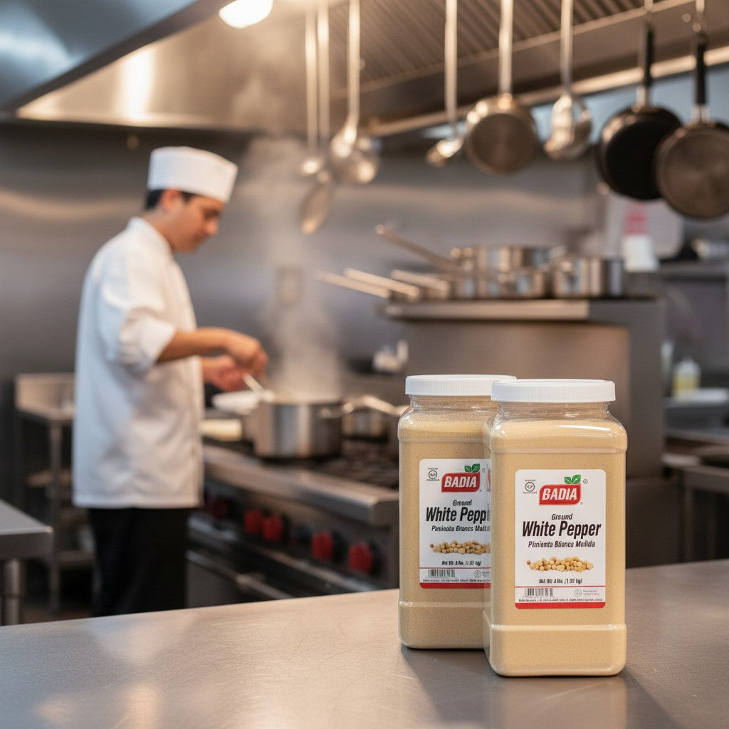 Bodega Badia Ground White Pepper spice in two 4 lb clear plastic jars, ideal for cream sauces and light-colored dishes.