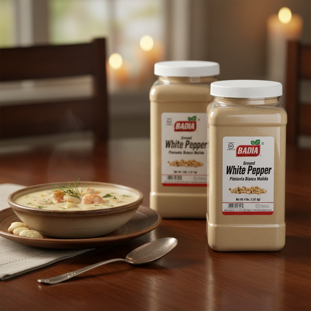 Bodega Badia Ground White Pepper spice, 4 lb jars, pack of 2. Ideal for cream sauces and light-colored dishes.
