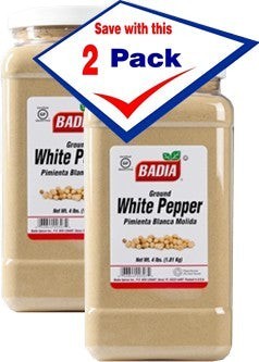 Bodega Badia Ground White Pepper spice, 4 lb jars, 2 pack. Ideal for cream sauces and light-colored dishes.
