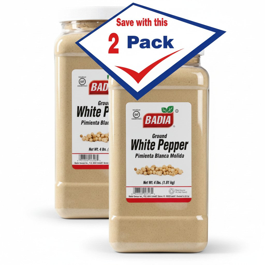 Bodega Badia Ground White Pepper spice, 4 lb jars, pack of 2. Ideal for cream sauces and light-colored dishes.