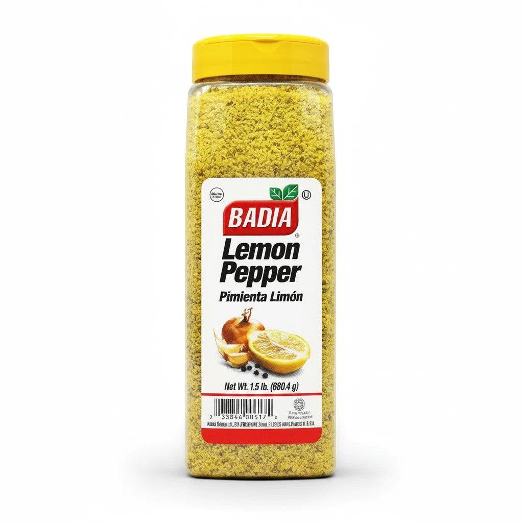 Bodega Badia Lemon Pepper Seasoning Mix in a clear plastic shaker bottle with a yellow lid. Net Wt. 1.5 lb.
