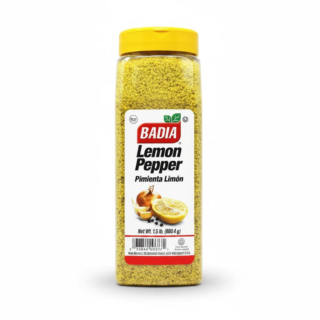 Bodega Badia Lemon Pepper seasoning mix in a clear plastic shaker bottle with a yellow lid. Net Wt. 1.5 lb.