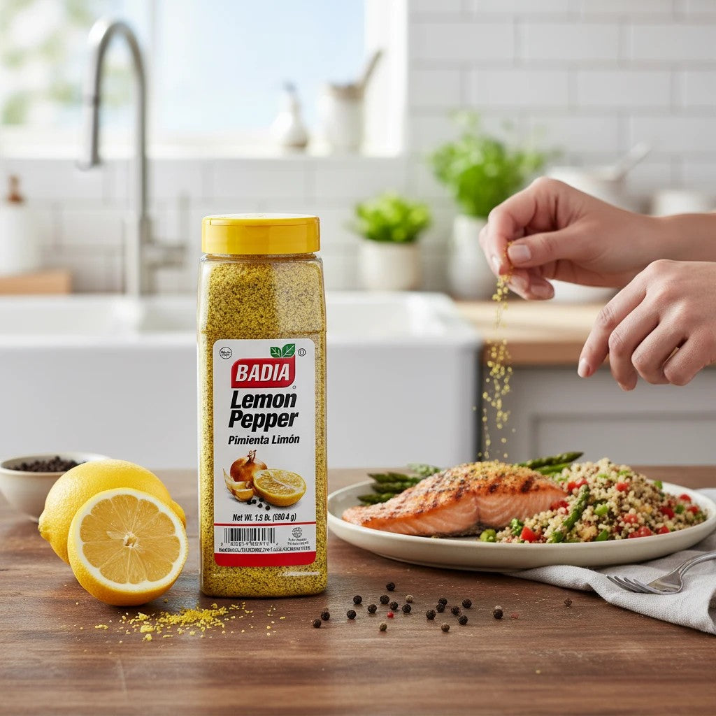 Bodega Badia Lemon Pepper seasoning in a large plastic bottle with a yellow lid, next to lemons and a prepared salmon dish.
