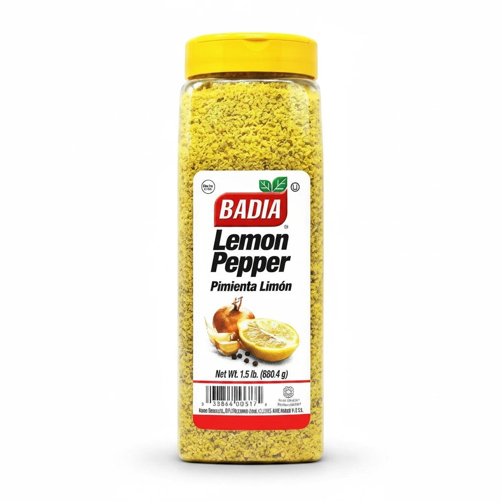 Bodega Badia Lemon Pepper Seasoning Mix in a clear plastic shaker bottle with a yellow lid. Contains 1.5 lb of yellow granular seasoning.