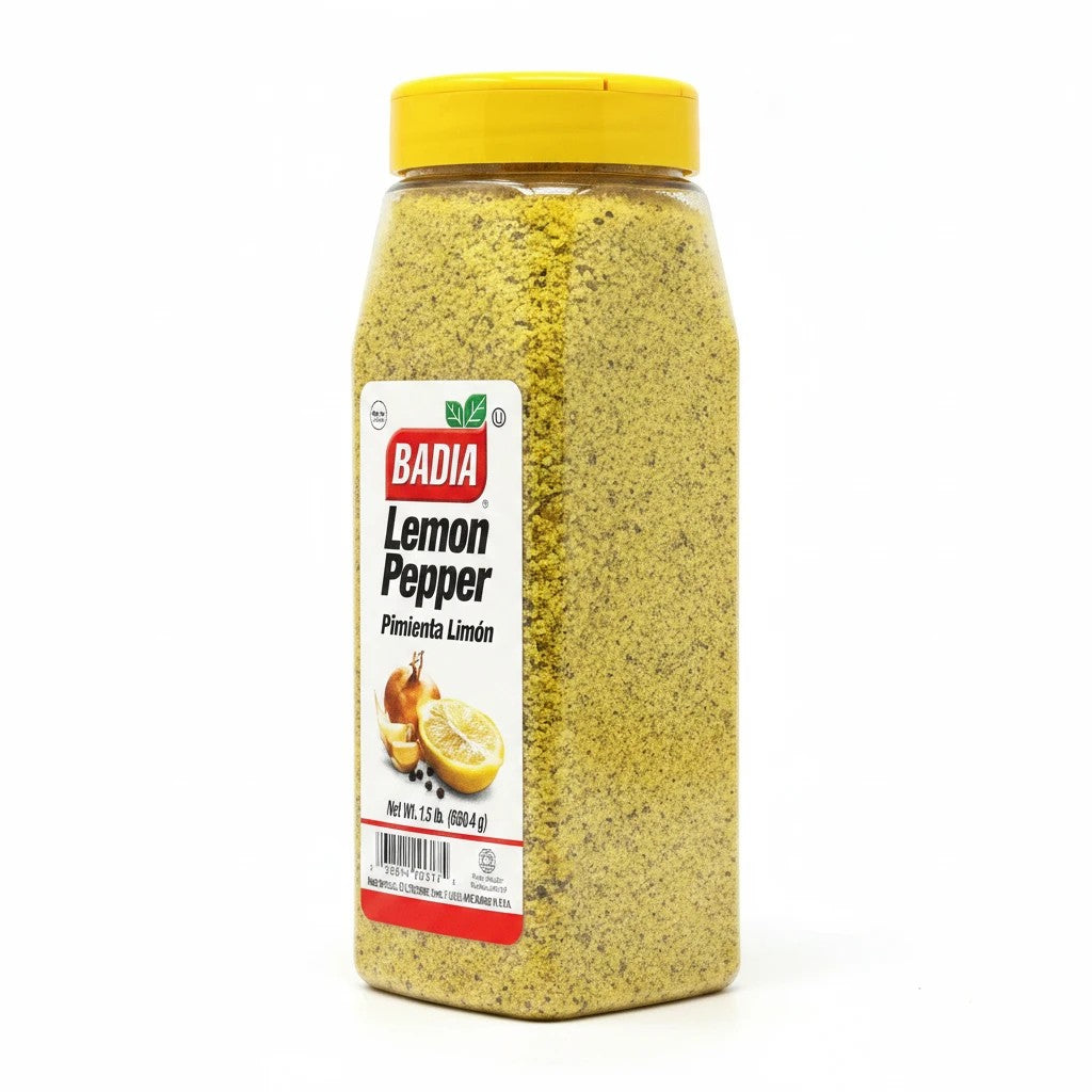 Bodega Badia Lemon Pepper seasoning mix in a clear plastic shaker bottle with a yellow lid. The seasoning is yellow with black flecks.