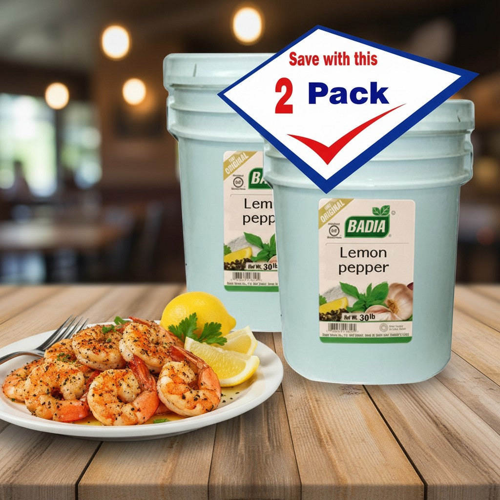 Bodega Badia Lemon Pepper Seasoning 2-pack, 30 lb containers. Bright citrus zest with cracked black pepper and aromatics.