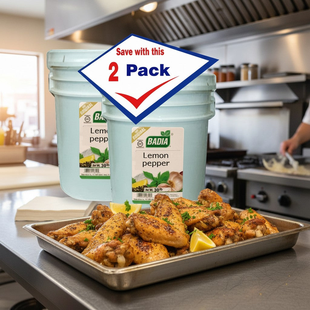 Bodega Badia Lemon Pepper Seasoning 2-pack, 30 lb containers. Bright citrus zest with cracked black pepper and aromatics.