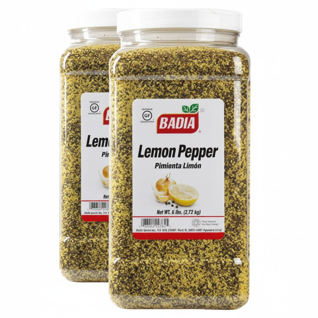Bodega Badia Lemon Pepper Seasoning 2-pack, 6 lb jugs. Sharp citrus and cracked pepper blend with garlic and salt.