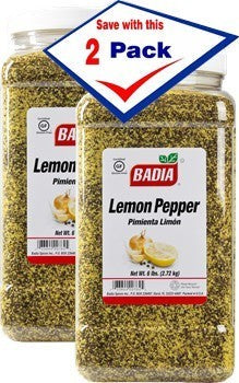 Bodega Badia Lemon Pepper Seasoning 2-pack, 6 lb jugs. A blend of lemon and pepper with garlic and salt.