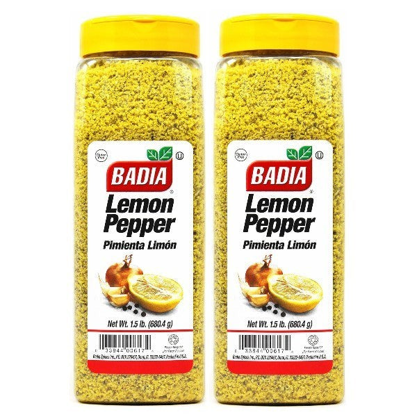 Bodega Badia Lemon Pepper seasoning mix, 1.5 lb bottles, pack of 2. Yellow seasoning with visible pepper flakes and lemon zest.