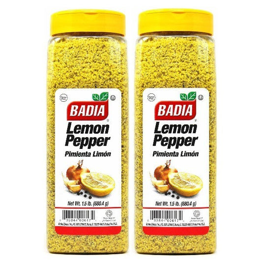 Bodega Badia Lemon Pepper seasoning mix, 1.5 lb bottles, pack of 2. Yellow seasoning with visible pepper flakes and lemon zest.