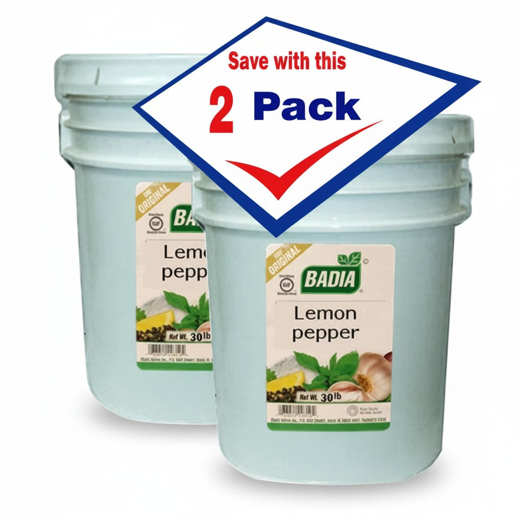 Bodega Badia Lemon Pepper Seasoning 2-pack, 30 lb containers. Bright citrus zest with cracked black pepper, salt, and aromatics.