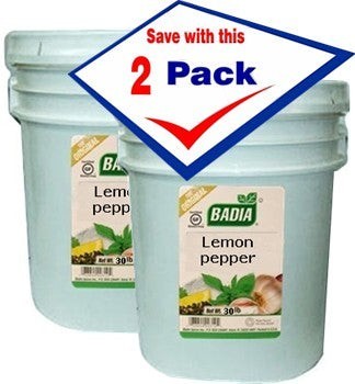 Bodega Badia Lemon Pepper Seasoning 2-pack, 30 lb containers. Bright citrus zest with cracked black pepper, salt, and aromatics.