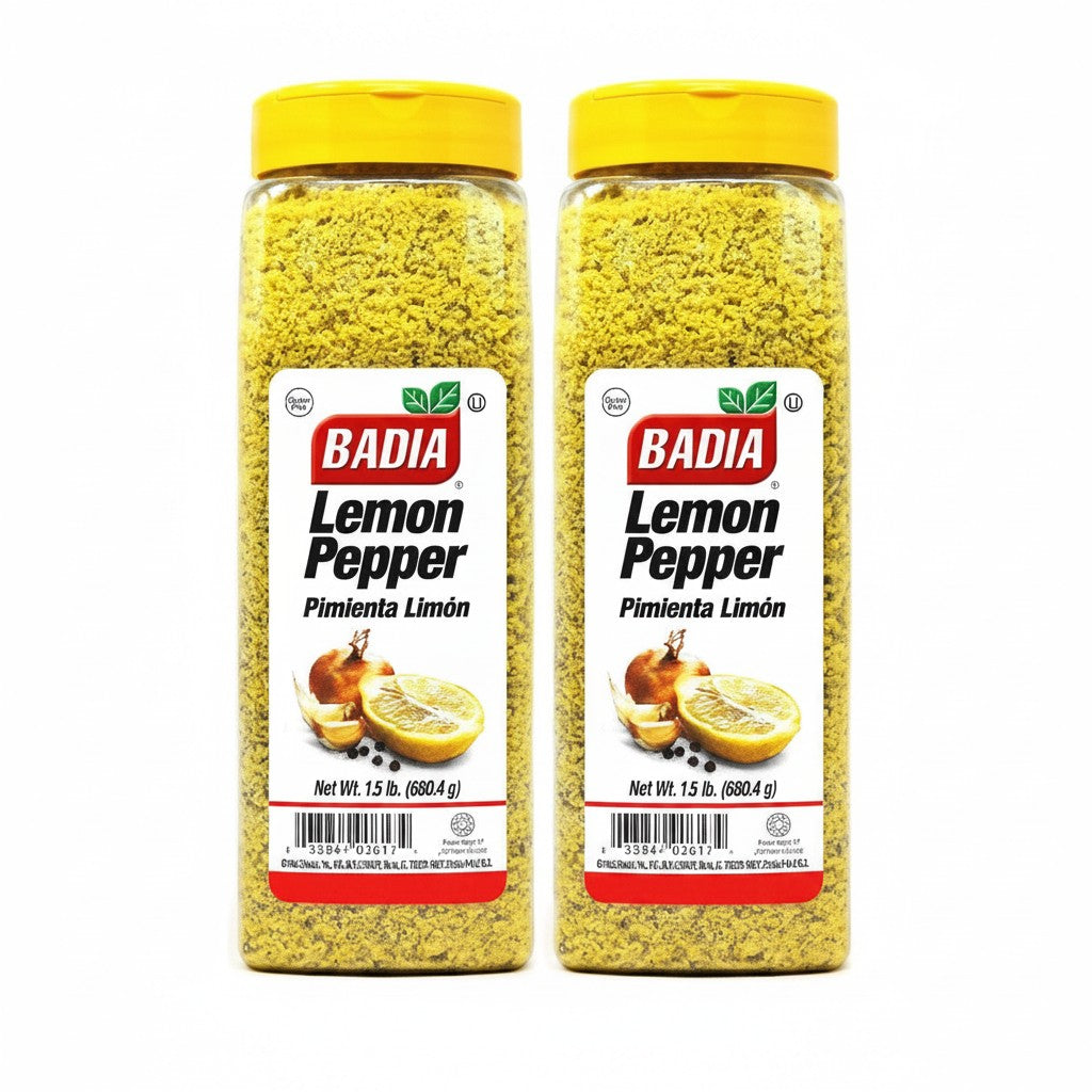 Bodega Badia Lemon Pepper seasoning mix in clear plastic shakers with yellow lids. Pack of 2, 1.5 lb each.