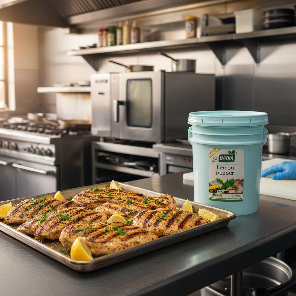 Bodega Badia Lemon Pepper Seasoning in a 30 lb pale blue bucket. Features lemon, pepper, garlic, and herbs.