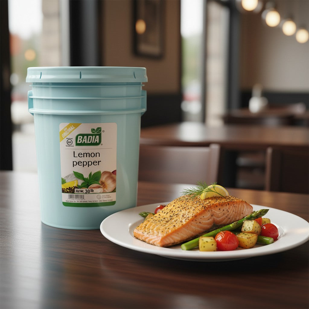 Bodega Badia Lemon Pepper Seasoning in a 30 lb pale blue bucket. Features lemon, pepper, garlic, and basil.