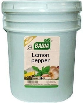 Bodega Badia Lemon Pepper Seasoning 30 lb bulk container with ingredients shown on label.