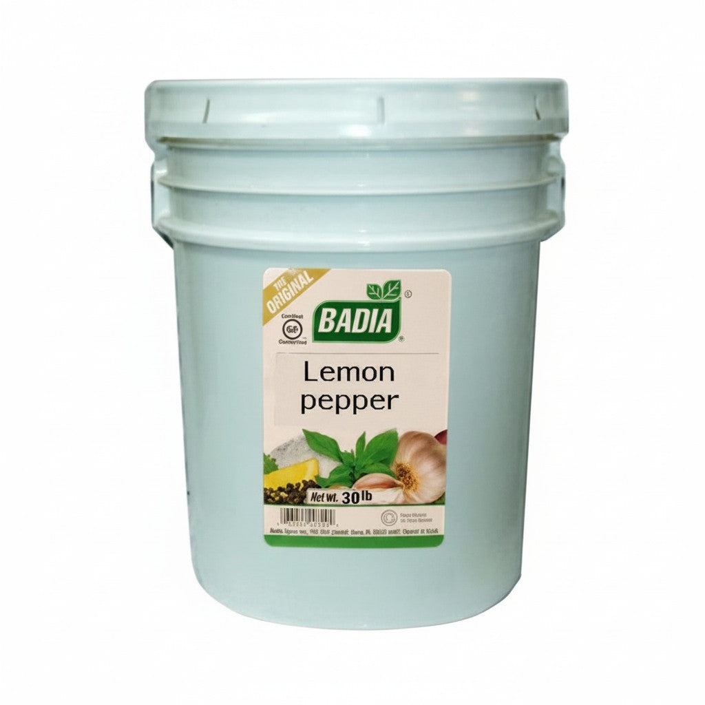 Bodega Badia Lemon Pepper Seasoning, 30 lb bulk container with bright citrus, cracked pepper, garlic, and salt.