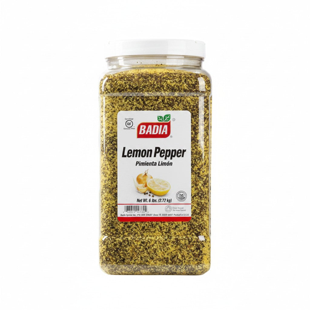 Bodega Badia Lemon Pepper Seasoning in a large clear plastic jug, 6 lbs. The seasoning is a blend of yellow and black specks.