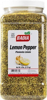 Bodega Badia Lemon Pepper Seasoning in a large clear plastic jug with a white lid. The seasoning is yellow and black.